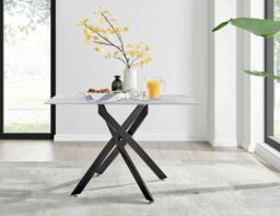 FurnitureboxUK Leonardo White Glass Marble Effect Black Leg Table & 4 Velvet Milan Black Leg Chairs in Green - thumbnail 2