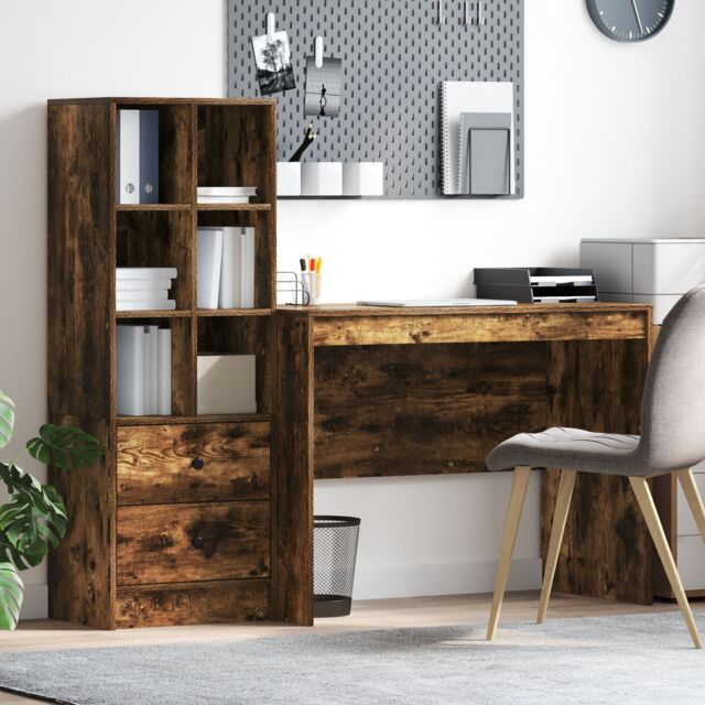 Berkfield Home Desk with Storage Smoked Oak Engineered Wood in Brown - image 1