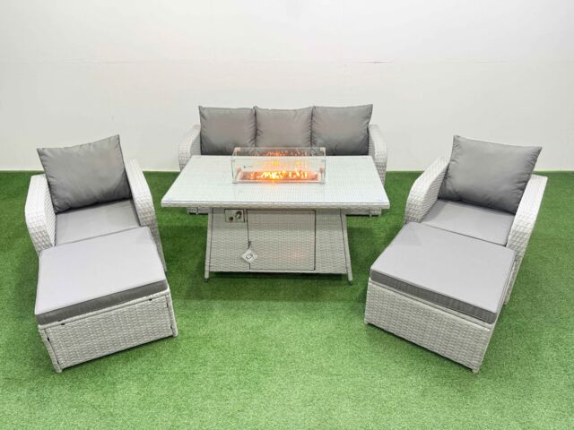 Fimous PE Rattan Garden Furniture Set Reclining Chair Sofa Lounge Sofa Set Firepit Dining Table 2 Big Footstool Light Grey - image 1
