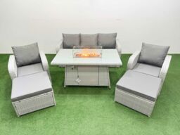 Fimous PE Rattan Garden Furniture Set Reclining Chair Sofa Lounge Sofa Set Firepit Dining Table 2 Big Footstool Light Grey - thumbnail 2
