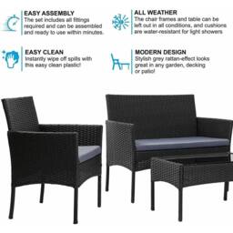 EONLION 4Pcs Rattan Outdoor Sofa Set Table Chairs Black - Size: 100 cm - thumbnail 5