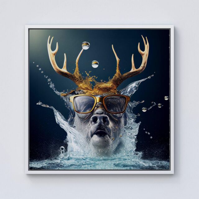 "Warren Reed - Designer Stag With Glasses Splashart Framed Canvas in Off-White - Size: W16"" x H16""" - image 1