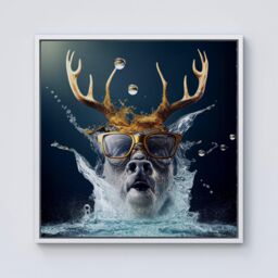 "Warren Reed - Designer Stag With Glasses Splashart Framed Canvas in Off-White - Size: W16"" x H16""" - thumbnail 1