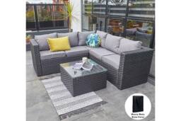 Furniture Maxi Vancouver 5 Seater Grey Rattan Corner Sofa Patio Set With Rain Cover in Black