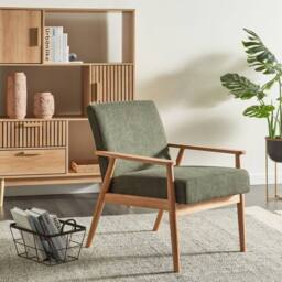 Wyld and Coco Green Polyester Armchair - Mid-Century Rubberwood Frame