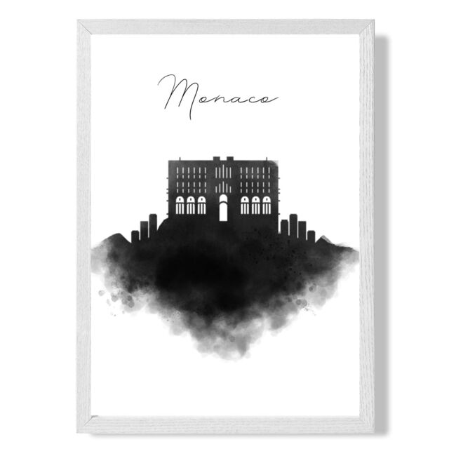 ARTZE Monaco Watercolour Skyline City Framed Print SIZE: A2 with White Frame in Black - Size: A4 - image 1