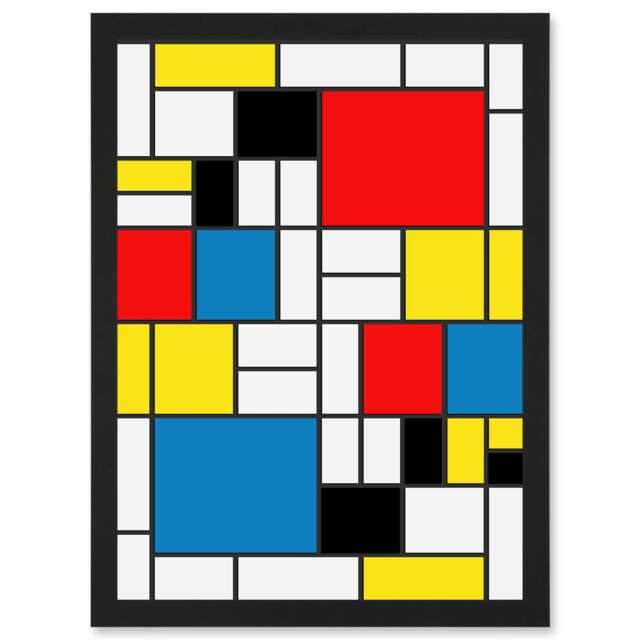 Artery8 Mondrian Abstract Cubes Squares Red Yellow Blue A4 Artwork Framed Wall Art Print in Black - image 1