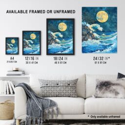 "Artery8 Great Wave Seascape Under a Full Moon Watercolour Framed Art Print in Blue - Size: W12"" x H16""" - thumbnail 3