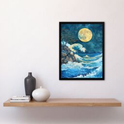 "Artery8 Great Wave Seascape Under a Full Moon Watercolour Framed Art Print in Blue - Size: W12"" x H16""" - thumbnail 4