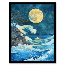 "Artery8 Great Wave Seascape Under a Full Moon Watercolour Framed Art Print in Blue - Size: W12"" x H16""" - thumbnail 1