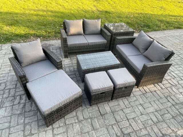 Fimous Rattan Garden Furniture Set 8 Seater Patio Outdoor Lounge Sofa Chair Set with Rectangular Coffee Table 3 Footstools Side Table in Dark Grey