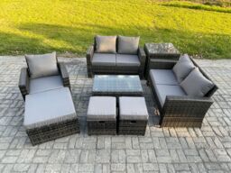 Fimous Rattan Garden Furniture Set 8 Seater Patio Outdoor Lounge Sofa Chair Set with Rectangular Coffee Table 3 Footstools Side Table in Dark Grey - thumbnail 2
