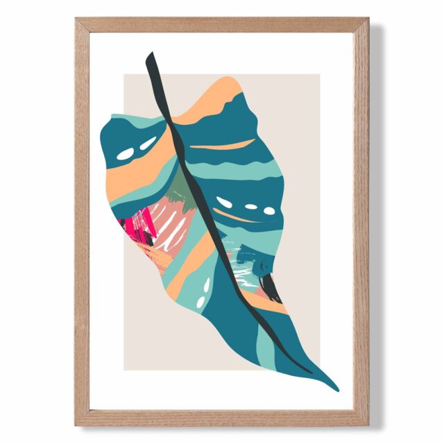 ARTZE Tropical Palm Blue & Pink Boho Botanical Framed Print SIZE: A3 with Oak Frame in Mid Blue - Size: A2 - image 1