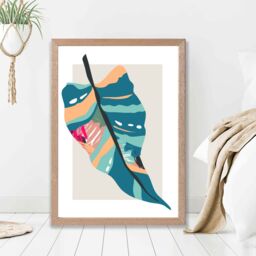 ARTZE Tropical Palm Blue & Pink Boho Botanical Framed Print SIZE: A3 with Oak Frame in Mid Blue - Size: A2 - thumbnail 2