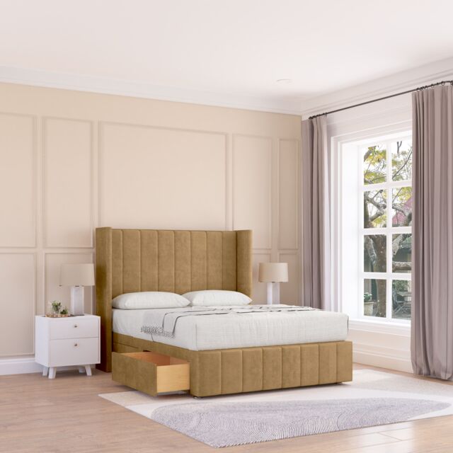 "Sloomy Melbourne Plush Wingback Bed Set, 2 Drawers & 54"" Floor Standing Headboard in Light Brown - Size: King" - image 1