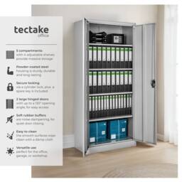 tectake Filing Cabinet Blain - 5 height-adjustable shelves, lockable doors in Grey - Size: 1 Pack - thumbnail 2
