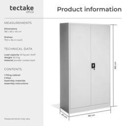 tectake Filing Cabinet Blain - 5 height-adjustable shelves, lockable doors in Grey - Size: 1 Pack - thumbnail 6