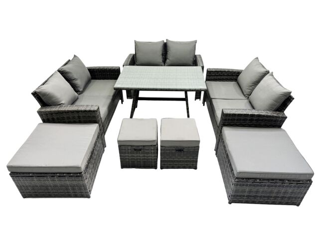 Fimous 10 Seater Outdoor Dining Table Double Seat Sofa 4 Stools Set in Dark Grey - image 1