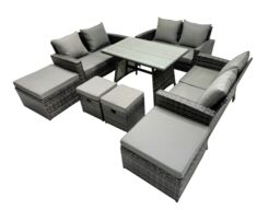 Fimous 10 Seater Outdoor Dining Table Double Seat Sofa 4 Stools Set in Dark Grey - thumbnail 2