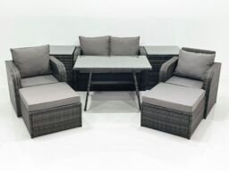 Fimous Outdoor Garden Furniture Set with Reclining Chair 2 Big Footstool 2 Side Tables in Dark Grey - thumbnail 1