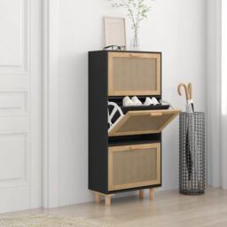 Berkfield Home Shoe Cabinet Black 52x25x115 cm Engineered Wood&Natural Rattan - Size: 52 x 25 x 115 cm - thumbnail 1