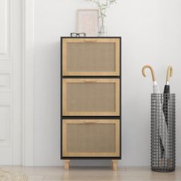 Berkfield Home Shoe Cabinet Black 52x25x115 cm Engineered Wood&Natural Rattan - Size: 52 x 25 x 115 cm - thumbnail 3