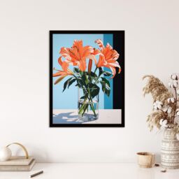 Wee Blue Coo Wall Art Print Autumn Lilies Orange Glass Vase Stylised Floral Painting Blue Green Detailed Tiger Lily Art Framed - Size: A4 - thumbnail 4
