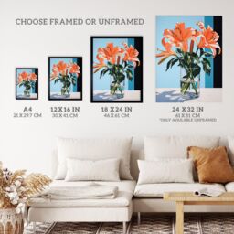 Wee Blue Coo Wall Art Print Autumn Lilies Orange Glass Vase Stylised Floral Painting Blue Green Detailed Tiger Lily Art Framed - Size: A4 - thumbnail 3
