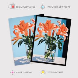 Wee Blue Coo Wall Art Print Autumn Lilies Orange Glass Vase Stylised Floral Painting Blue Green Detailed Tiger Lily Art Framed - Size: A4 - thumbnail 2