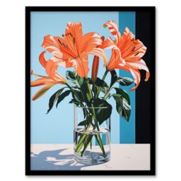 Wee Blue Coo Wall Art Print Autumn Lilies Orange Glass Vase Stylised Floral Painting Blue Green Detailed Tiger Lily Art Framed - Size: A4 - thumbnail 1