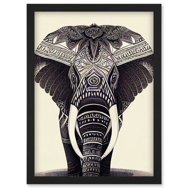 Artery8 Illustration Of Elephant With Tribal Patterns Black & White Artwork Framed Wall Art Print A4 - image 1