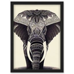 Artery8 Illustration Of Elephant With Tribal Patterns Black & White Artwork Framed Wall Art Print A4 - thumbnail 1