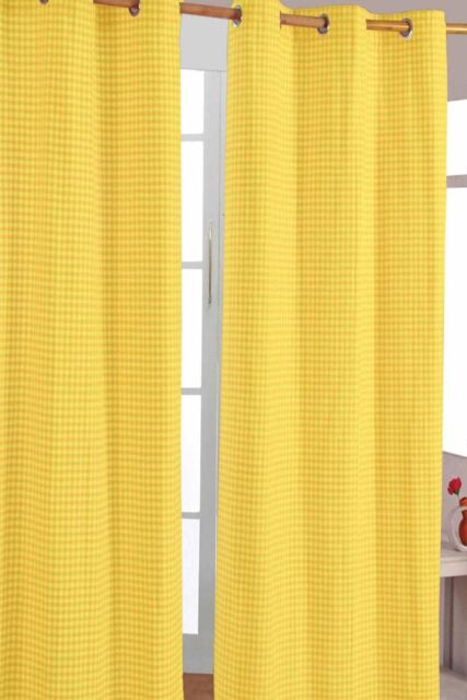 Homescapes Cotton Gingham Eyelet Curtain Pair in Yellow - Size: 140 cm width x 183 cm drop - image 1
