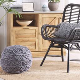 Wyld and Coco Knitted Pouffe - Chunky Crochet Grey Cotton Round Footstool - thumbnail 1
