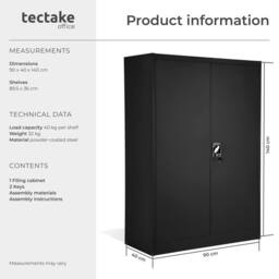 tectake Filing Cabinet - 4 adjustable shelves, lockable, 140 x 90 x 40 cm in Black - thumbnail 6