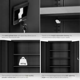 tectake Filing Cabinet - 4 adjustable shelves, lockable, 140 x 90 x 40 cm in Black - thumbnail 5