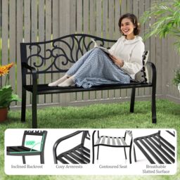 Gymax 127CM Outdoor Garden Bench Cast Iron Metal Front Porch Furniture Black - thumbnail 6