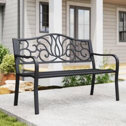 Gymax 127CM Outdoor Garden Bench Cast Iron Metal Front Porch Furniture Black - thumbnail 9