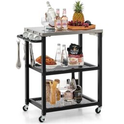 Costway 3-tier Outdoor Grill Cart on Wheels Pizza Oven Stand Trolley in Silver