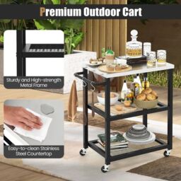 Costway 3-tier Outdoor Grill Cart on Wheels Pizza Oven Stand Trolley in Silver - thumbnail 4