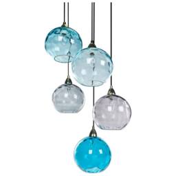 Wyld and Coco Pendant Lamp - Blue Metal Five Colour Glass Shades Modern Glam - thumbnail 4