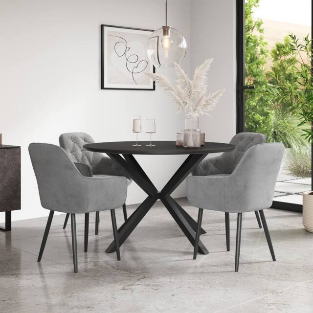 More4Homes Calne Concrete Ceramic Round Dining Table & 4 Anika Velvet Chairs in Grey - image 1