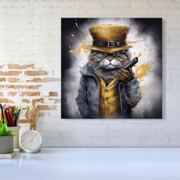 "Warren Reed - Designer Splashart Gangster Cat Canvas - Size: W16"" x H16""" - thumbnail 1