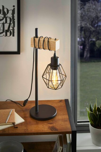 Eglo Townshend 5 Black Metal & Natural Wood Table Lamp - Industrial Style (D) 15.5cm - image 1