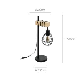 Eglo Townshend 5 Black Metal & Natural Wood Table Lamp - Industrial Style (D) 15.5cm - thumbnail 3