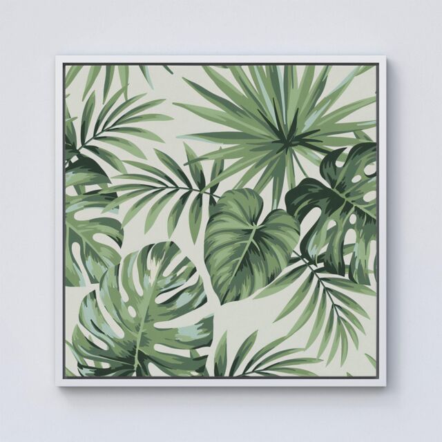 "Warren Reed - Designer Exotic Palm Leaves Framed Canvas in Off-White - Size: W30"" x H30""" - image 1