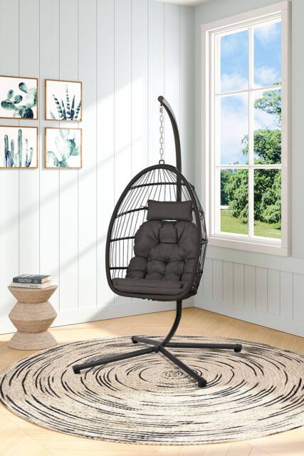 Garden Sanctuary Freestanding Egg-Shaped Hanging Chair with Stand & Cushion in Black - image 1