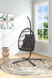 Garden Sanctuary Freestanding Egg-Shaped Hanging Chair with Stand & Cushion in Black - thumbnail 1