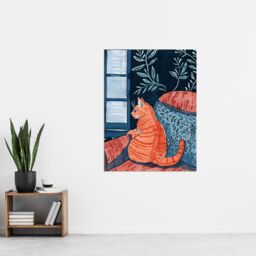 "Artery8 Moggie Cat Lover Alone Time Melancholy Painting Wall Art Print in Orange - Size: W24"" x H32""" - thumbnail 4