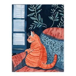 "Artery8 Moggie Cat Lover Alone Time Melancholy Painting Wall Art Print in Orange - Size: W24"" x H32""" - thumbnail 1